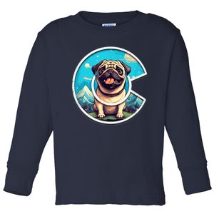 Colorado Pug - Cute Cartoon Pug Dog in the Mountains, C Logo Toddler Long Sleeve Shirt