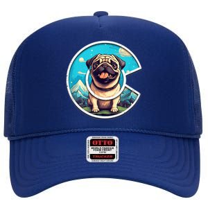 Colorado Pug - Cute Cartoon Pug Dog in the Mountains, C Logo High Crown Mesh Back Trucker Hat