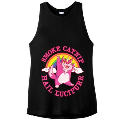 Caticorn Pink Cat Unicorn Rainbow Smoke Catnip Hail Lucipurr Ladies PosiCharge Tri-Blend Wicking Tank