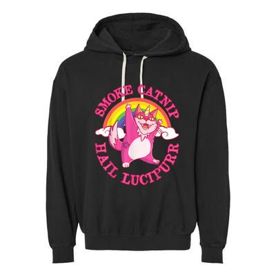 Caticorn Pink Cat Unicorn Rainbow Smoke Catnip Hail Lucipurr Garment-Dyed Fleece Hoodie