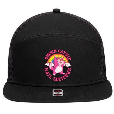 Caticorn Pink Cat Unicorn Rainbow Smoke Catnip Hail Lucipurr 7 Panel Mesh Trucker Snapback Hat