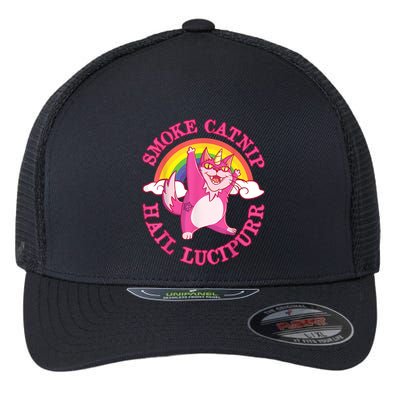 Caticorn Pink Cat Unicorn Rainbow Smoke Catnip Hail Lucipurr Flexfit Unipanel Trucker Cap