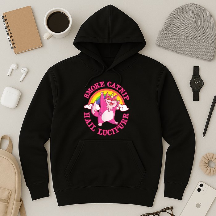 Caticorn Pink Cat Unicorn Rainbow Smoke Catnip Hail Lucipurr Hoodie