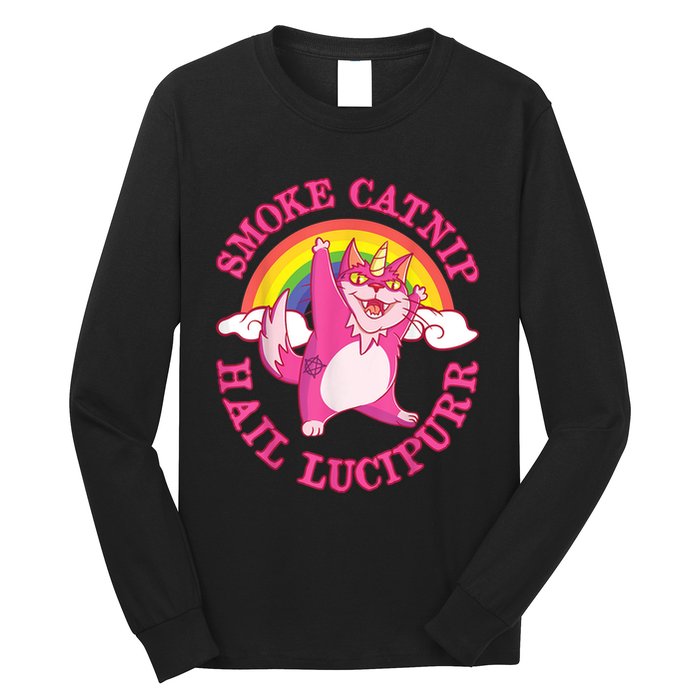 Caticorn Pink Cat Unicorn Rainbow Smoke Catnip Hail Lucipurr Long Sleeve Shirt