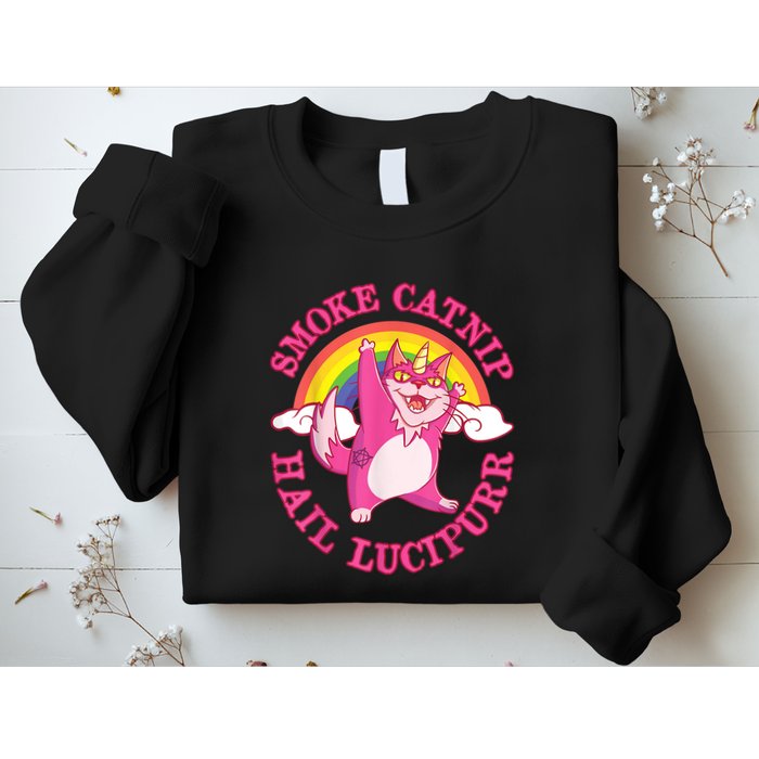 Caticorn Pink Cat Unicorn Rainbow Smoke Catnip Hail Lucipurr Sweatshirt