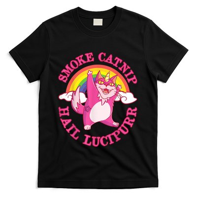 Caticorn Pink Cat Unicorn Rainbow Smoke Catnip Hail Lucipurr T-Shirt