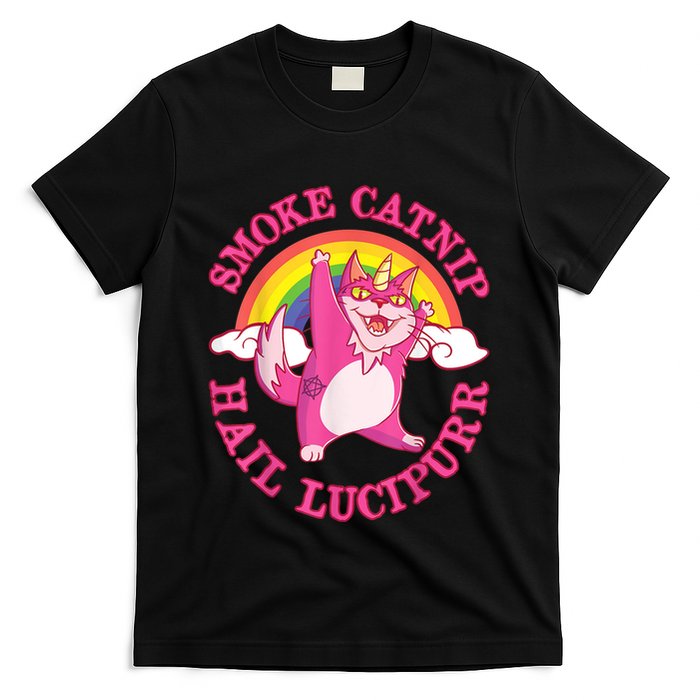 Caticorn Pink Cat Unicorn Rainbow Smoke Catnip Hail Lucipurr T-Shirt