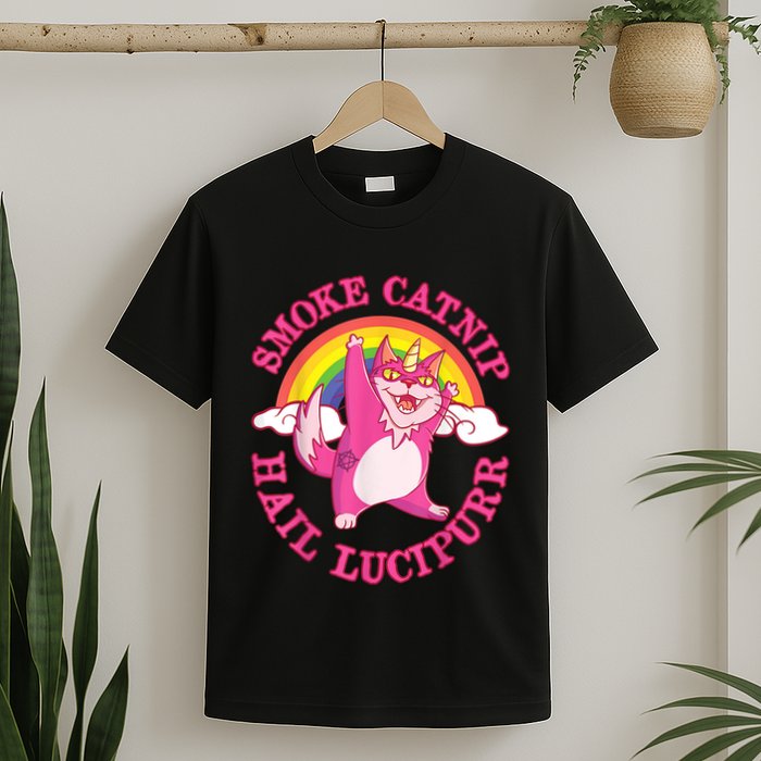 Caticorn Pink Cat Unicorn Rainbow Smoke Catnip Hail Lucipurr T-Shirt