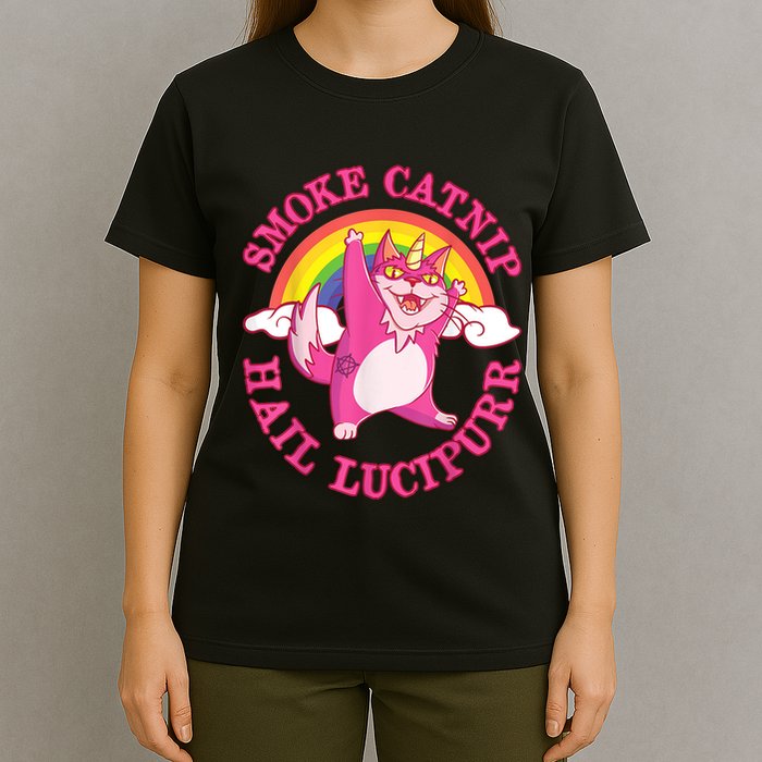 Caticorn Pink Cat Unicorn Rainbow Smoke Catnip Hail Lucipurr T-Shirt