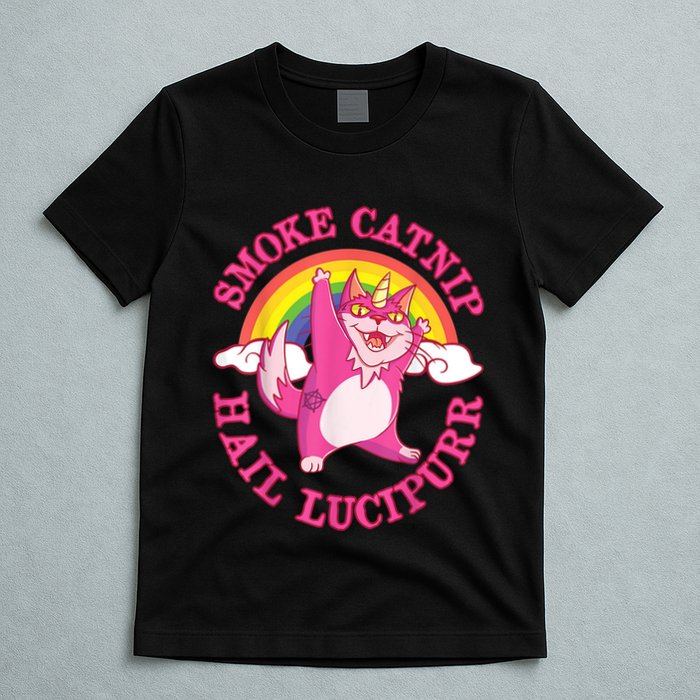 Caticorn Pink Cat Unicorn Rainbow Smoke Catnip Hail Lucipurr T-Shirt