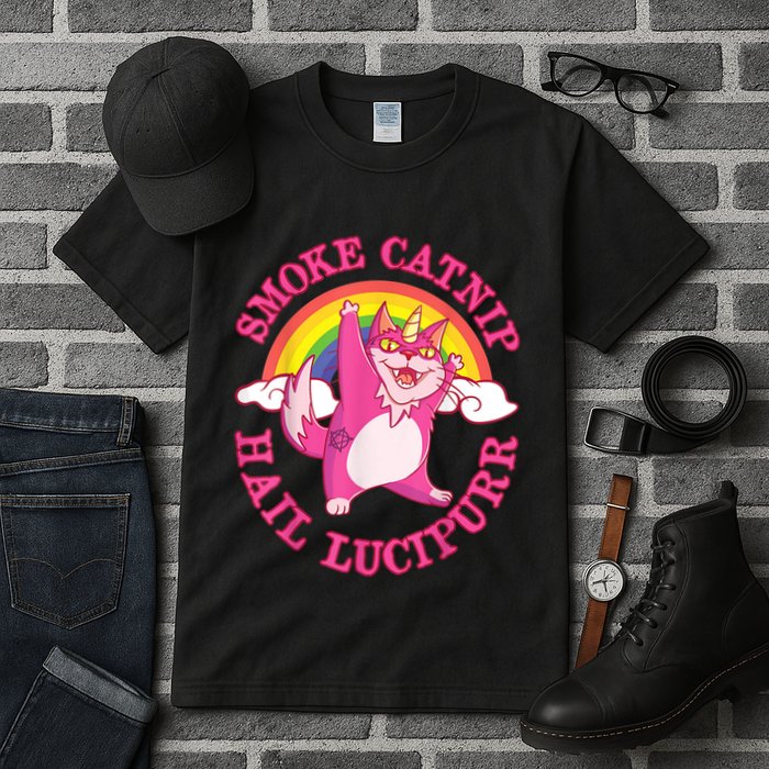 Caticorn Pink Cat Unicorn Rainbow Smoke Catnip Hail Lucipurr Tall T-Shirt