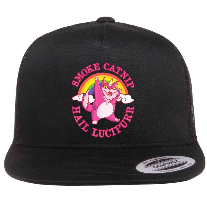 Caticorn Pink Cat Unicorn Rainbow Smoke Catnip Hail Lucipurr Flatbill Hat