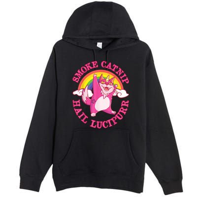 Caticorn Pink Cat Unicorn Rainbow Smoke Catnip Hail Lucipurr Premium Pullover Hoodie