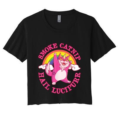 Caticorn Pink Cat Unicorn Rainbow Smoke Catnip Hail Lucipurr Crop Top
