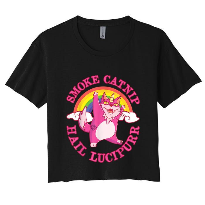 Caticorn Pink Cat Unicorn Rainbow Smoke Catnip Hail Lucipurr Crop Top