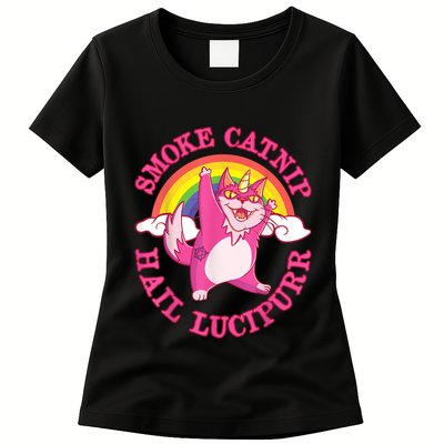 Caticorn Pink Cat Unicorn Rainbow Smoke Catnip Hail Lucipurr Womens T-Shirt