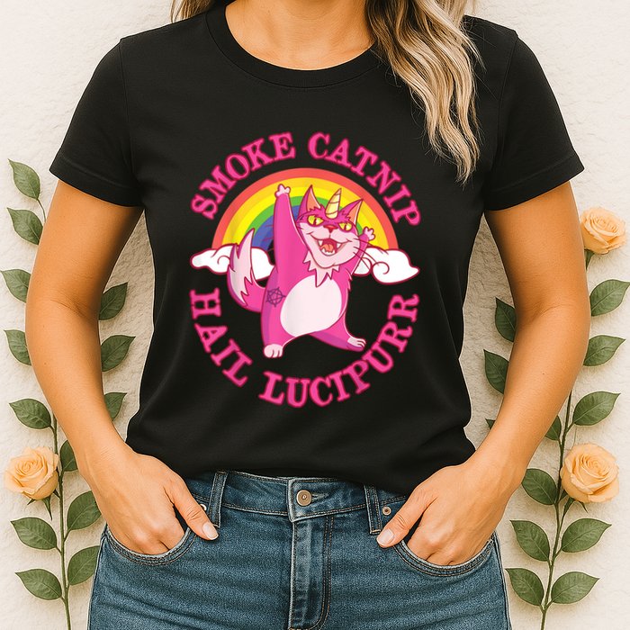 Caticorn Pink Cat Unicorn Rainbow Smoke Catnip Hail Lucipurr Womens T-Shirt