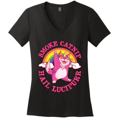 Caticorn Pink Cat Unicorn Rainbow Smoke Catnip Hail Lucipurr Women's V-Neck T-Shirt