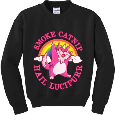 Caticorn Pink Cat Unicorn Rainbow Smoke Catnip Hail Lucipurr Kids Sweatshirt