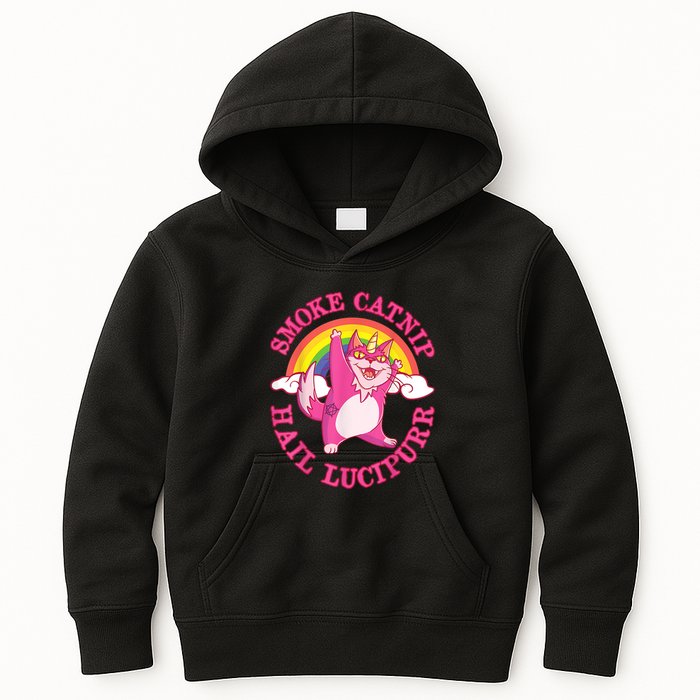 Caticorn Pink Cat Unicorn Rainbow Smoke Catnip Hail Lucipurr Kids Hoodie