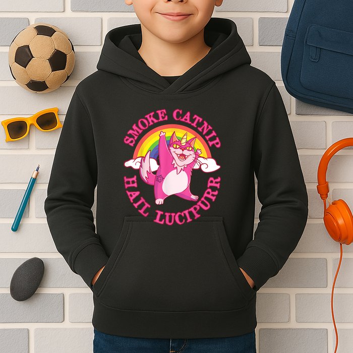Caticorn Pink Cat Unicorn Rainbow Smoke Catnip Hail Lucipurr Kids Hoodie