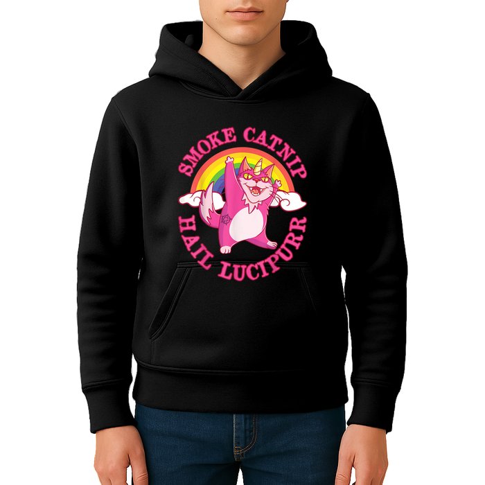 Caticorn Pink Cat Unicorn Rainbow Smoke Catnip Hail Lucipurr Kids Hoodie