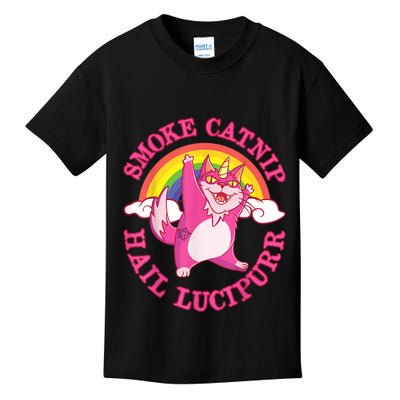 Caticorn Pink Cat Unicorn Rainbow Smoke Catnip Hail Lucipurr Kids T-Shirt