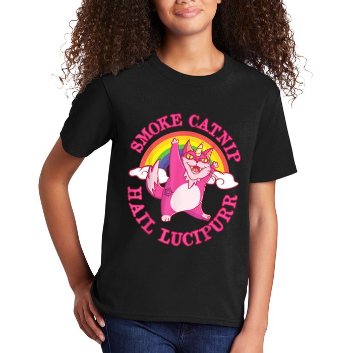 Caticorn Pink Cat Unicorn Rainbow Smoke Catnip Hail Lucipurr Kids T-Shirt
