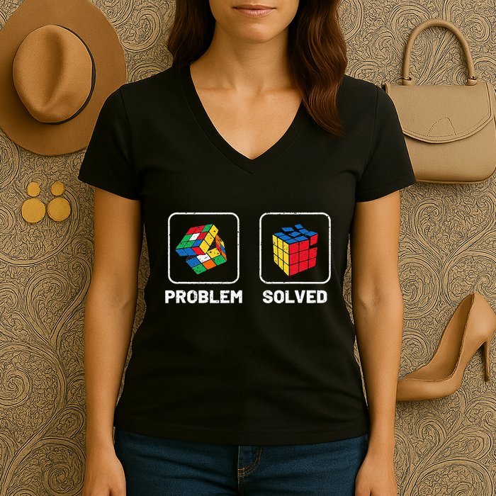 Competitive Puzzle Cube Problem Solved Speed Cubing  Women's V-Neck T-Shirt