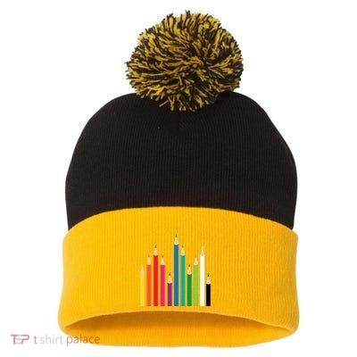 Colored Pencils Pom Pom 12in Knit Beanie