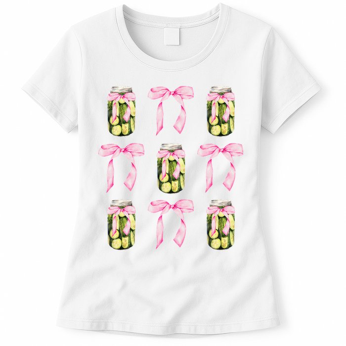 Canned Pickle Coquette Bows With Cute Pickle Jar Womens T-Shirt