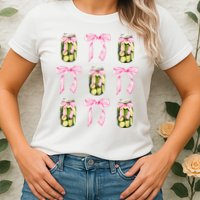 Canned Pickle Coquette Bows With Cute Pickle Jar Womens T-Shirt