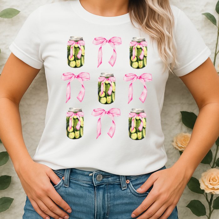 Canned Pickle Coquette Bows With Cute Pickle Jar Womens T-Shirt