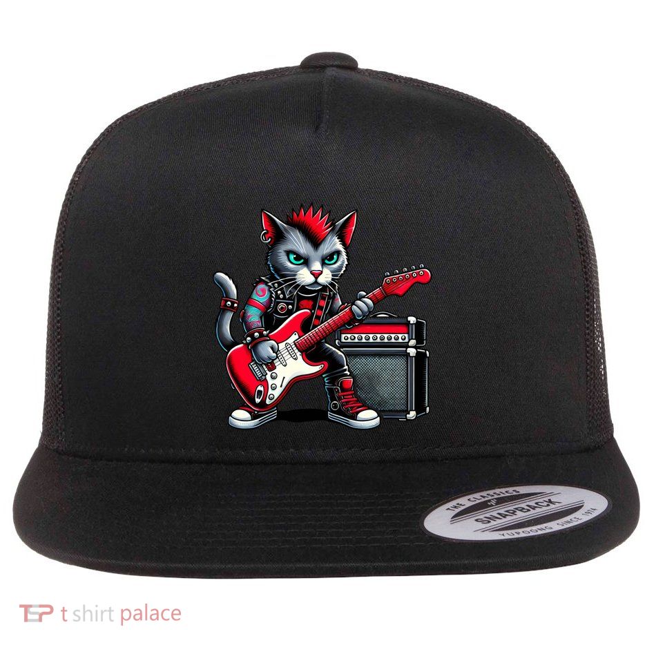 Cute Punk Cat RockN Roll Goth Cat Guitar Band Funny Music Gift Flatbill Hat