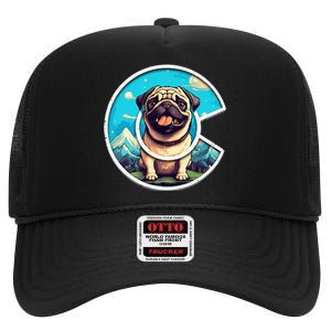 Colorado Pug Cute Cartoon Pug Dog In The Mountains C Logo High Crown Mesh Back Trucker Hat