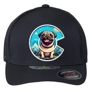 Colorado Pug Cute Cartoon Pug Dog In The Mountains C Logo Flexfit Unipanel Trucker Cap