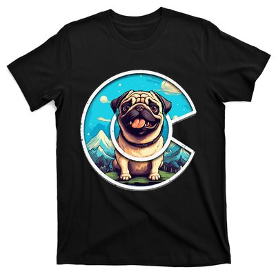 Colorado Pug Cute Cartoon Pug Dog In The Mountains C Logo T-Shirt