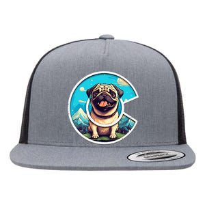 Colorado Pug Cute Cartoon Pug Dog In The Mountains C Logo Flat Bill Trucker Hat