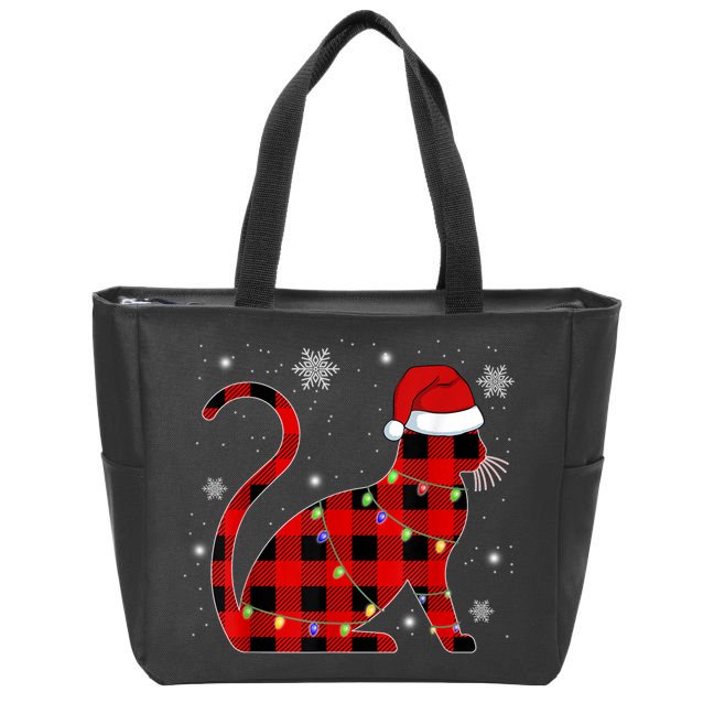 Christmas Plaid Cat Holiday Cute Zip Tote Bag