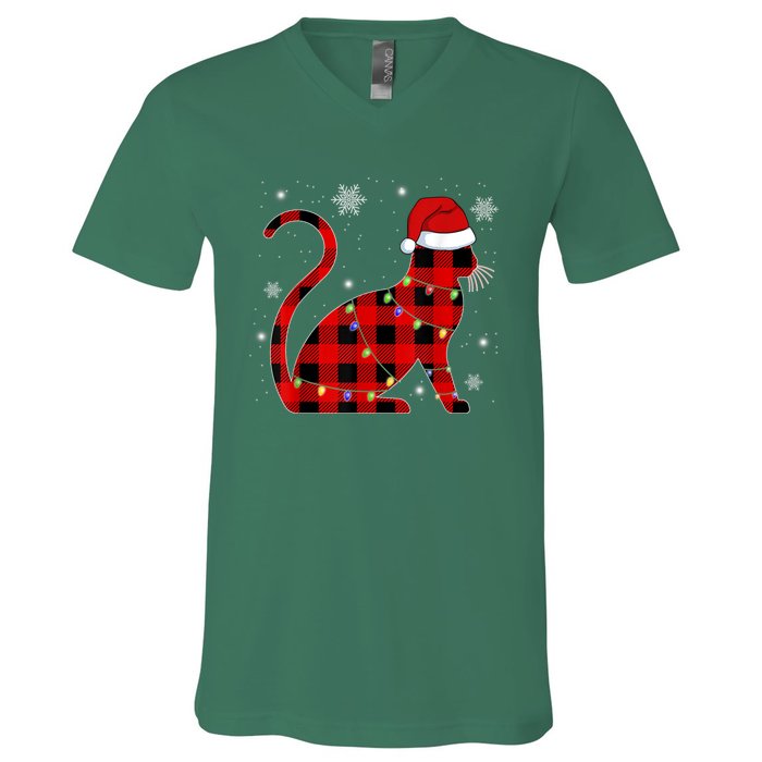 Christmas Plaid Cat Holiday Cute V-Neck T-Shirt