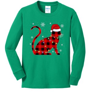 Christmas Plaid Cat Holiday Cute Kids Long Sleeve Shirt