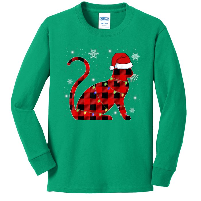 Christmas Plaid Cat Holiday Cute Kids Long Sleeve Shirt