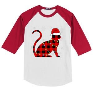 Christmas Plaid Cat Holiday Cute Kids Colorblock Raglan Jersey