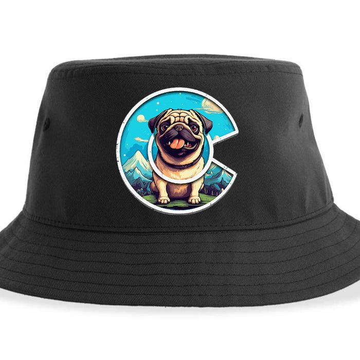 Colorado Pug Cute Cartoon Pug Dog in the Mountains C Logo Sustainable Bucket Hat