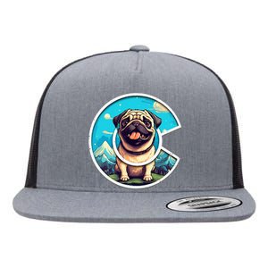 Colorado Pug Cute Cartoon Pug Dog in the Mountains C Logo Flat Bill Trucker Hat