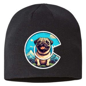 Colorado Pug Cute Cartoon Pug Dog in the Mountains C Logo Sustainable Beanie