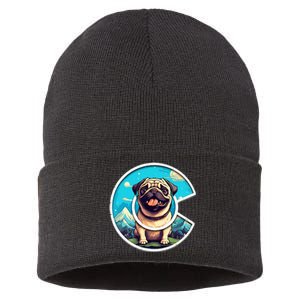 Colorado Pug Cute Cartoon Pug Dog in the Mountains C Logo Sustainable Knit Beanie