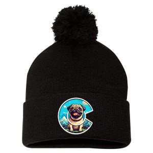 Colorado Pug Cute Cartoon Pug Dog in the Mountains C Logo Pom Pom 12in Knit Beanie