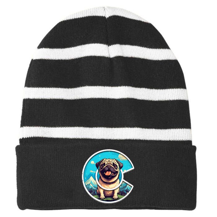 Colorado Pug Cute Cartoon Pug Dog in the Mountains C Logo Striped Beanie with Solid Band