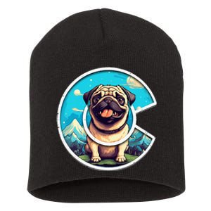 Colorado Pug Cute Cartoon Pug Dog in the Mountains C Logo Short Acrylic Beanie